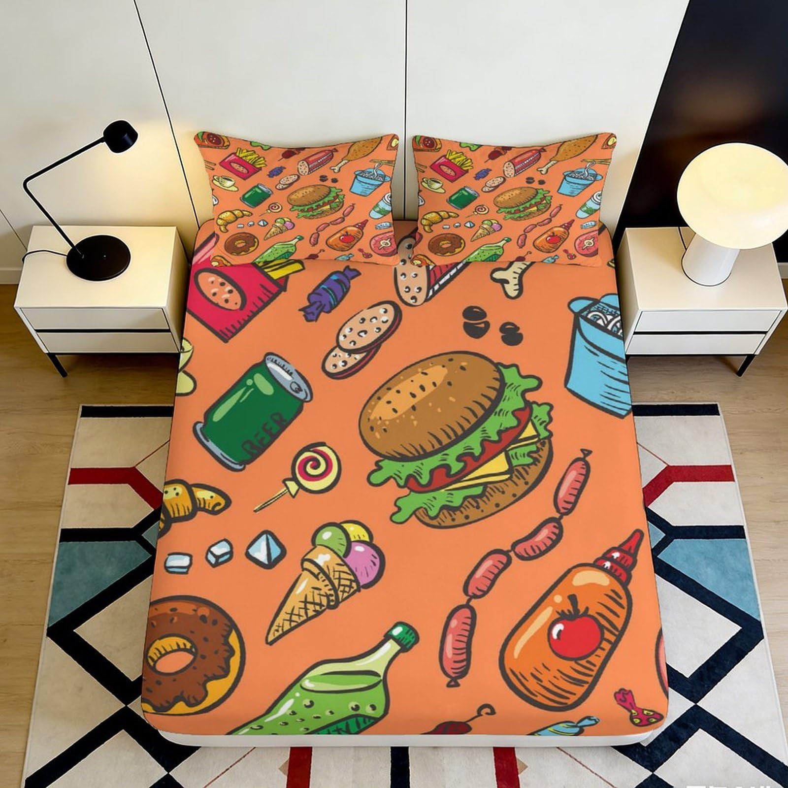 3D Printed Fast Food Fitted Sheet Microfiber Soft Cartoon Snack Mattress Cover for Bedroom Dorm Decor Orange 90x200x25cm