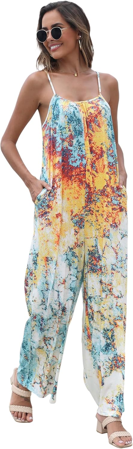 FKEEP Women's Loose V Neck Sleeveless Jumpsuits Adjustable Spaghetti Strap Romper Casual Wide Legs Pants with Pockets - Image 7