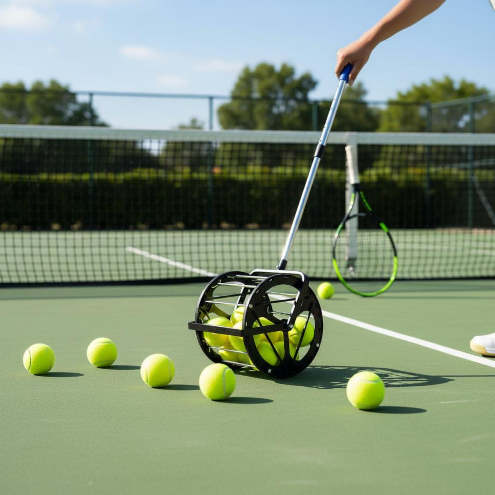 Raccoglitore di Palline da Tennis Raccoglipalle Tubo Caricatore Contenitore Attrezzo in Metallo Antiruggine con Manico Regolabile per Uso Prolungato