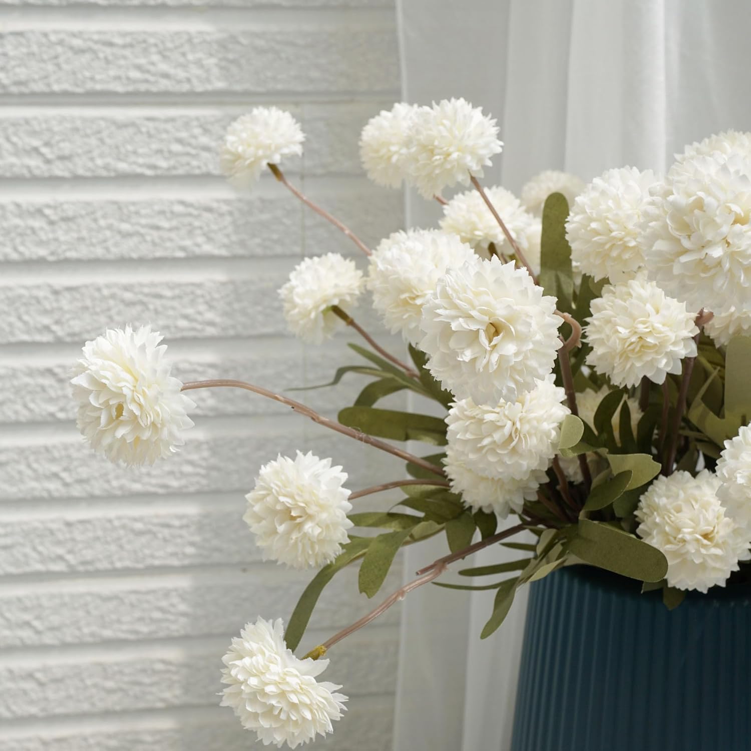 Faux Kiku Flower - White 12 Stems Faux Silk Mini Chrysanth with Stems Bulk Pompon Mum Artificial White Flower Ball for Floral Arrangements Silk Flowers for Home Decor Indoor - Image 3