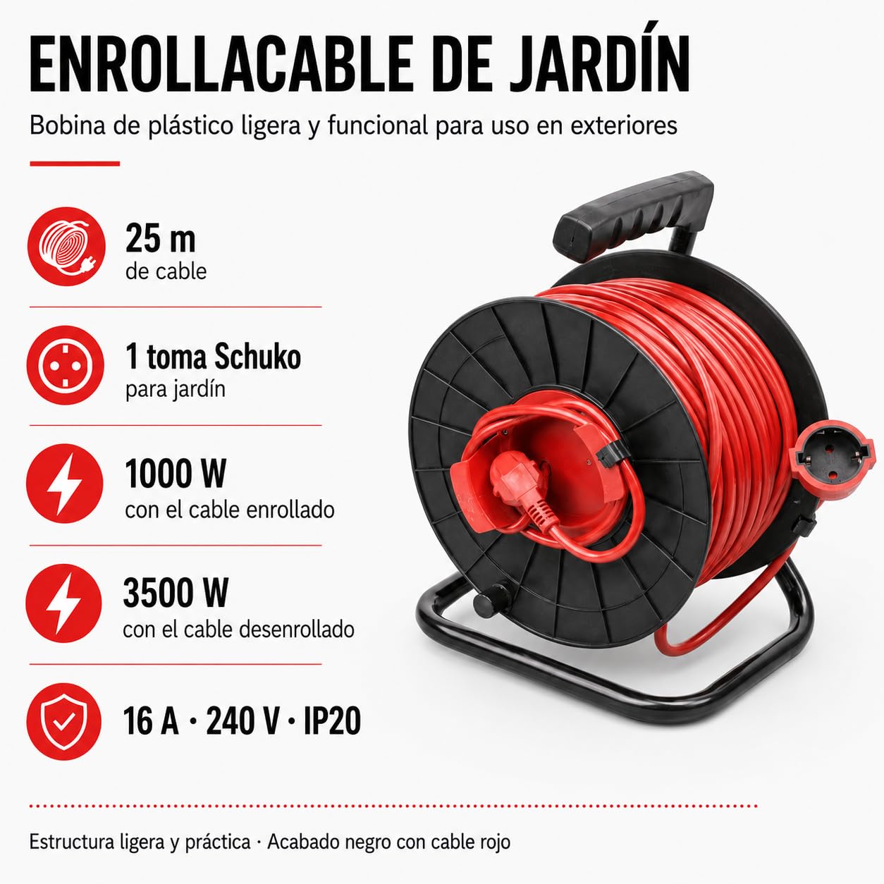 Avvolgicavo in plastica da giardino, IP20, 25 m, 3 x 1,5 mm, nero-rosso - Silver Electronics