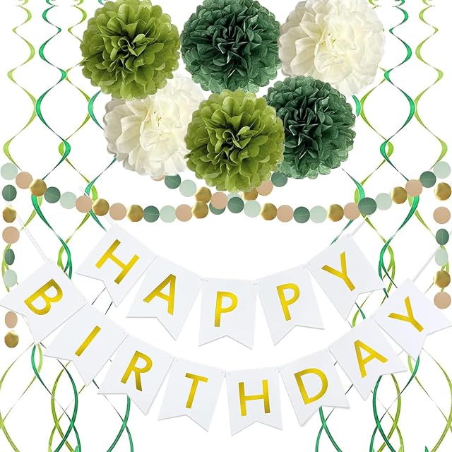 Sage Green Birthday Party Decorations, Happy Birthday Banner with Pom Poms Paper Circle Garland Swirl Streamers For Women Party Supplies
