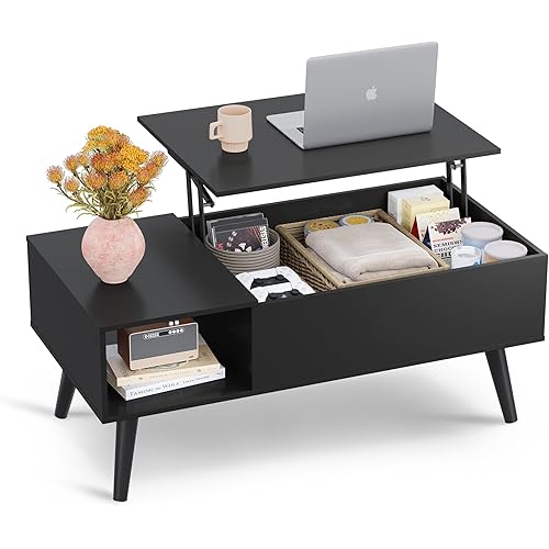 WLIVE Coffee Table, 39" Lift Top Coffee Table with Hidden Compartment, Small Rising Wooden Dining Center Table for Home Living Room, Office, Black