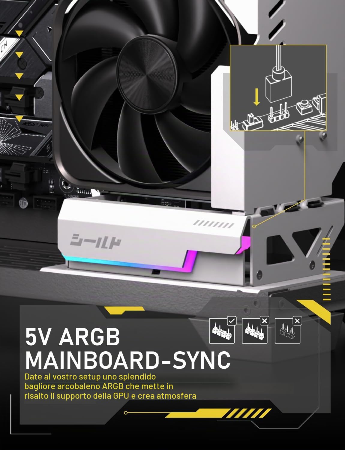 EZDIY-FAB Shield ARGB Supporto verticale per GPU con cavo riser PCIe 5.0, staffa verticale GPU Supporto RTX serie 50, angolo regolabile a 20 gradi, installazione magnetica e slot ventola