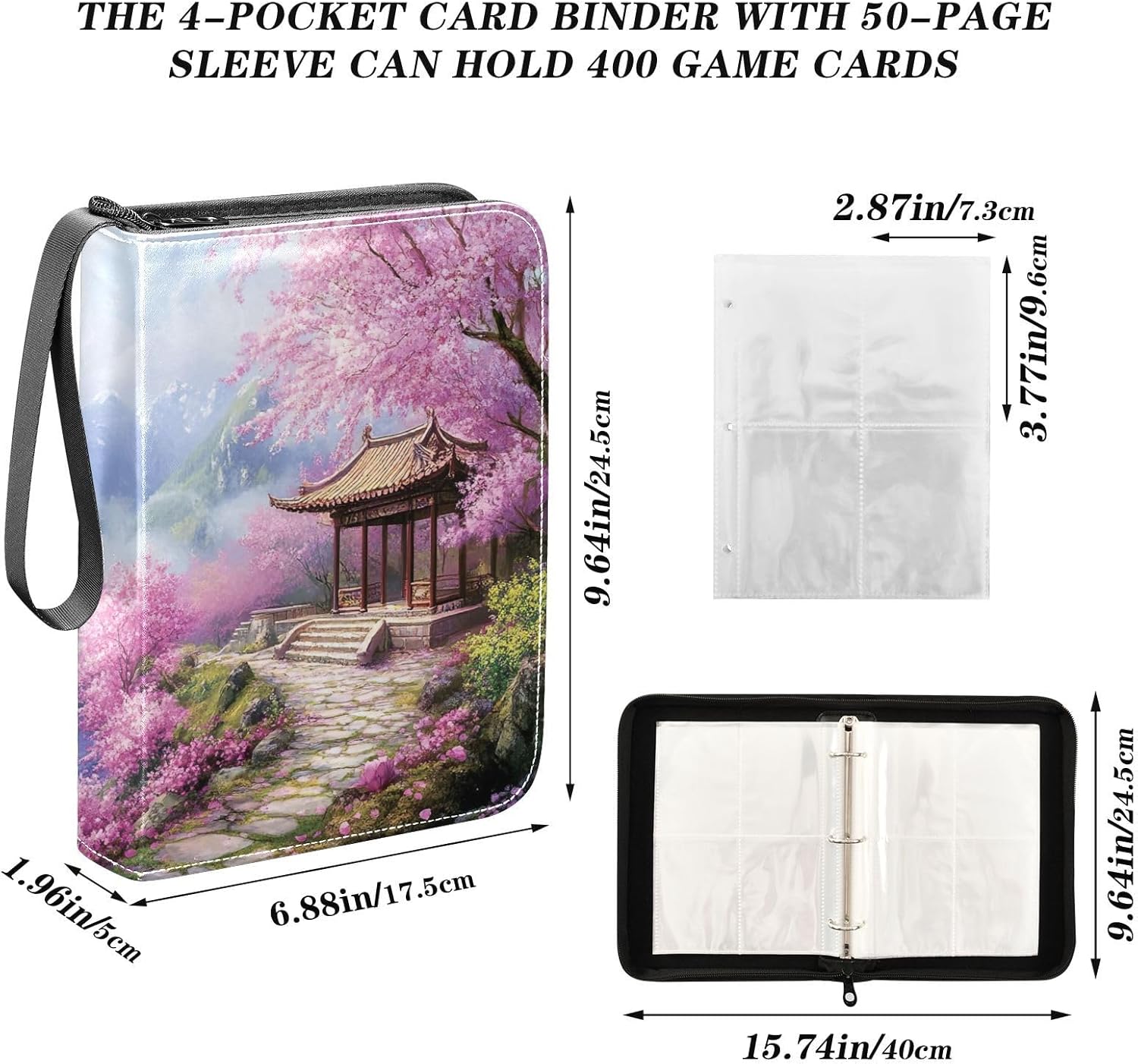 Mountain Waterfall Peaceful Garden Pink Card Binder 400 Pockets Football Card Binder Fits for Most Standard Size Cards