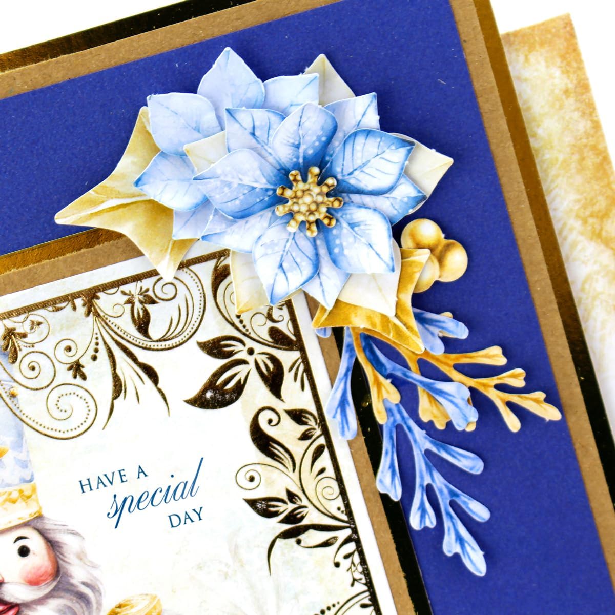 Katy Sue Winter Blooms Die Cut Flowers & Leaves Pack. 12 Sheets of Pre-Cut Double-Sided Paper Flowers & Leaves in Blues & Golds for Christmas Card Making Supplies