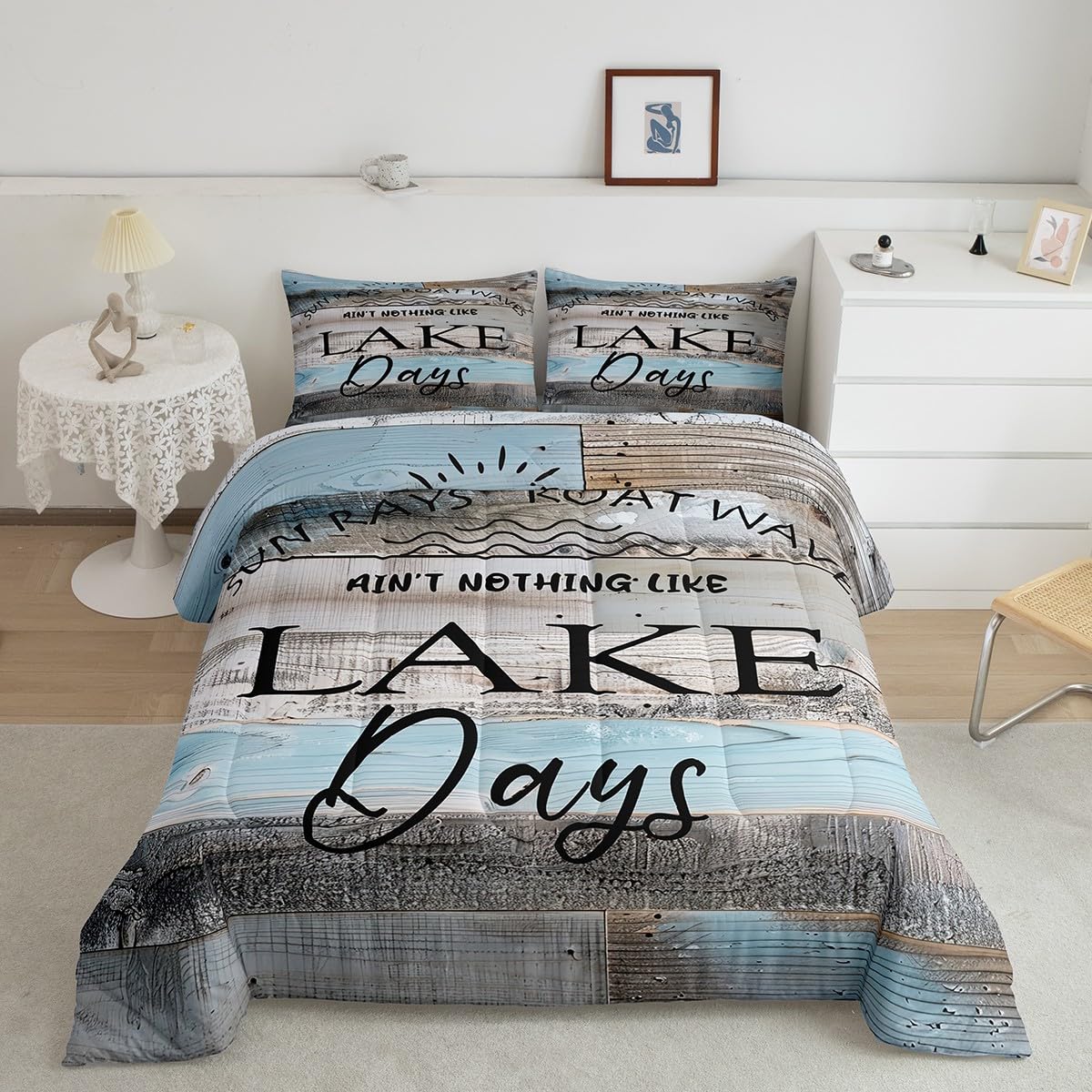 Erosebridal Kids Lake House Bedding Set, Rustic Wooden Planks Comforter Set Retro Country Farmhouse Quilt for Boys Girls Teens Women Bedroom Decor,