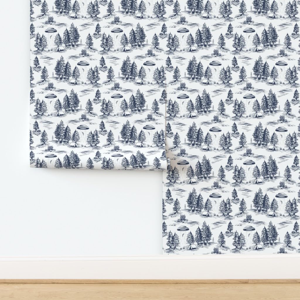 Removable Wallpaper 6ft x 2ft - UFO Toile Alien Small Scale Blue White Whimsical Space Custom Pre-Pasted Wallpaper by Spoonflower