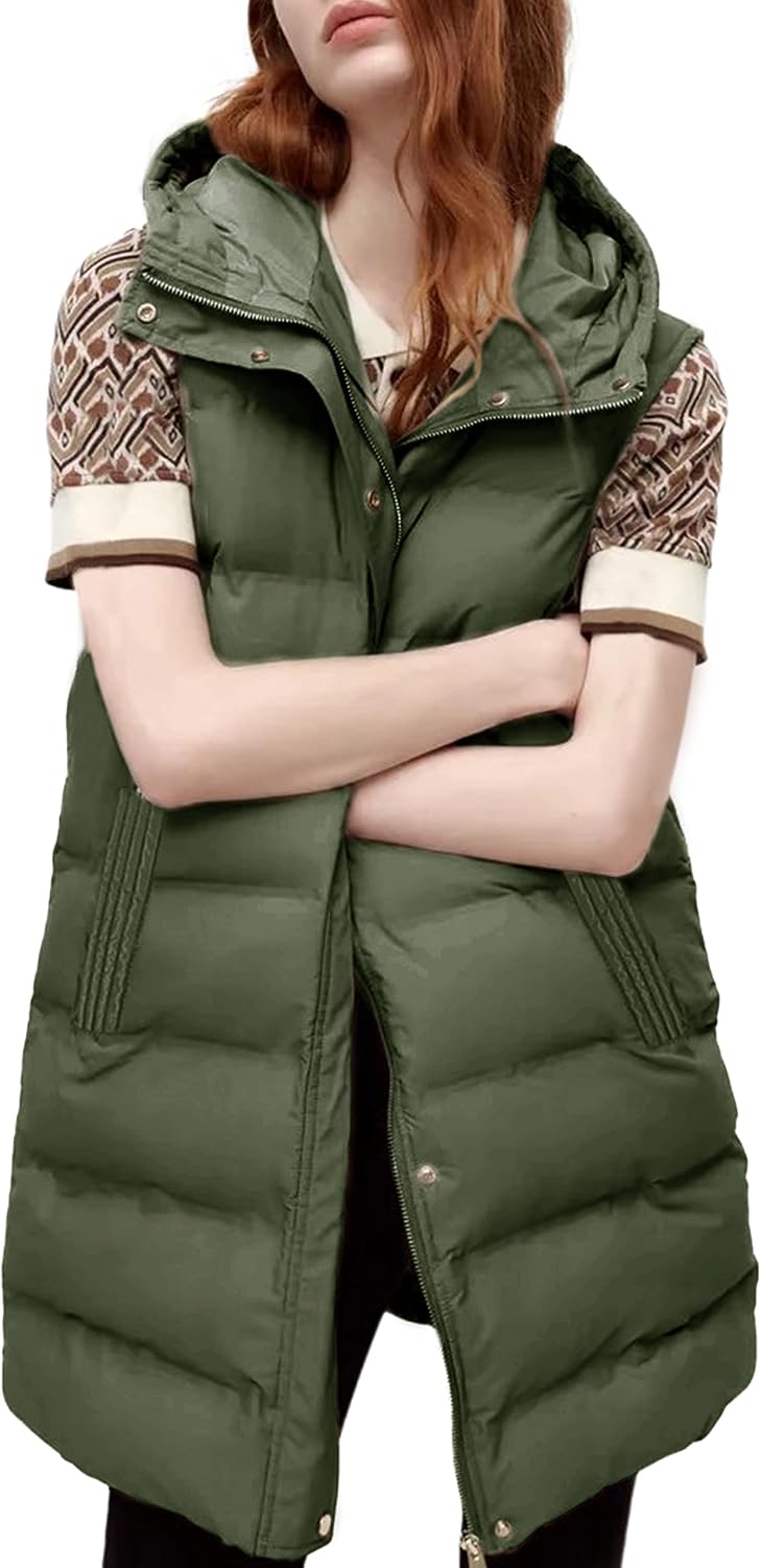 Tanming Women's Long Puffer Vest Cotton Sleeveless Puffy Jacket with Removable Hood
