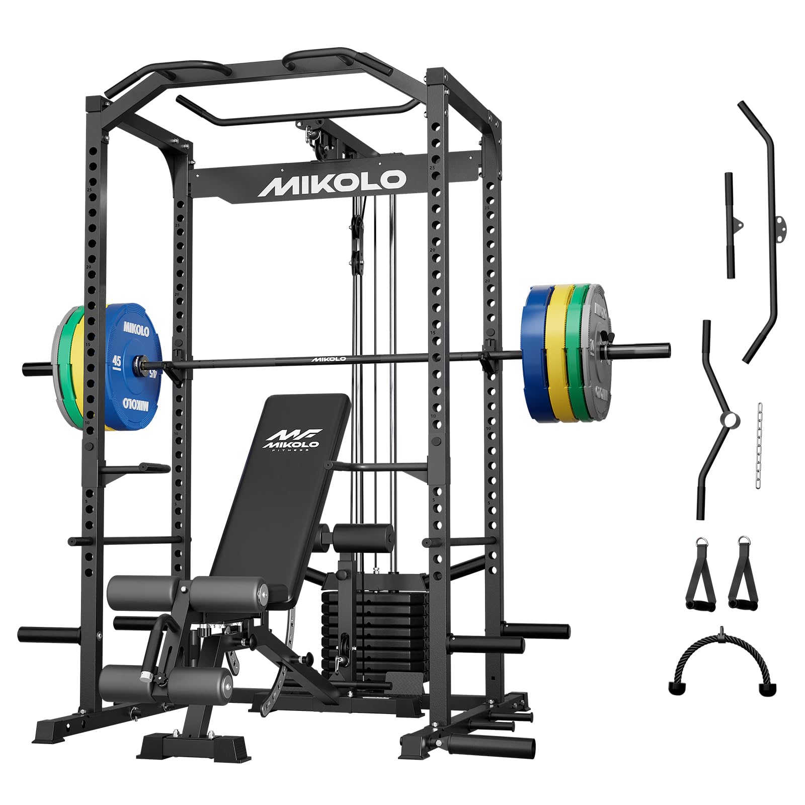 Mikolo F4-2.0 Elite Power Cage with Weight Stack &amp; Dual-Track Smooth Pulley System for Home Gym, 1200LBS Squat Rack with Leg Hold-Down for Heavy LAT Pulldowns (Black with Bench＆Bar＆230LB CP)