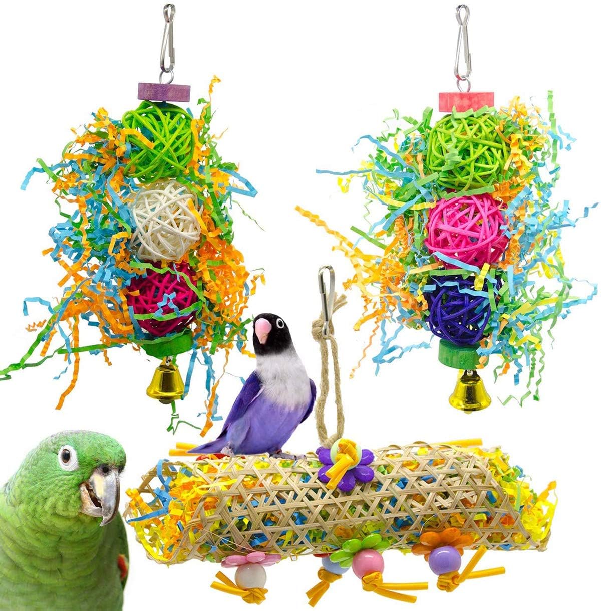 SONYANG 3 Set Parrot cage Toys Bird Swing Toys Bells Bird Perch with Natural Wood Beads Bells Wooden Hammock Hanging Toys for Budgie…
