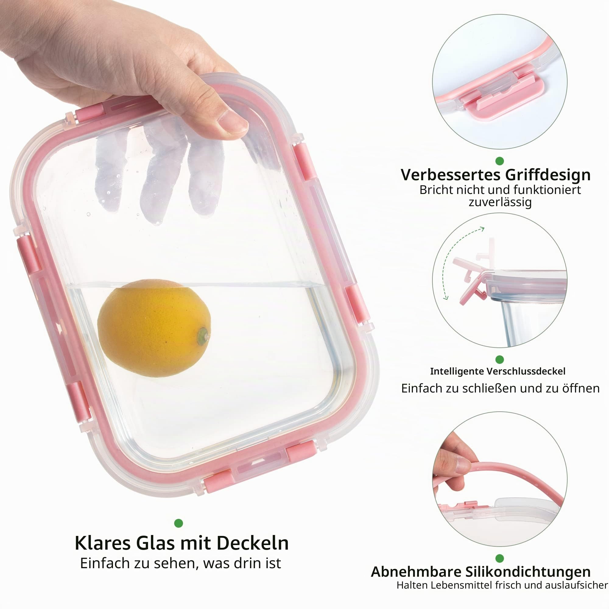 UMEIED Frischhaltedosen-Set aus Glas mit luftdichten Deckeln, für die Zubereitung von Mahlzeiten, Mittagessen und Portionskontrolle, Mikrowelle, Gefrierschrank und Spülmaschine, 10 Stück (rosa)