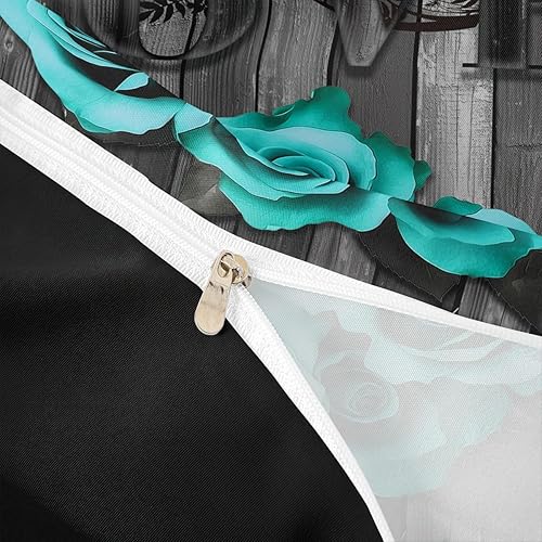 Miniatura 6 de Juego de ropa de cama gris turquesa, funda de edredón con diseño de rosas y rosas color verde azulado, tamaño King para niñas, hombres y mujeres,