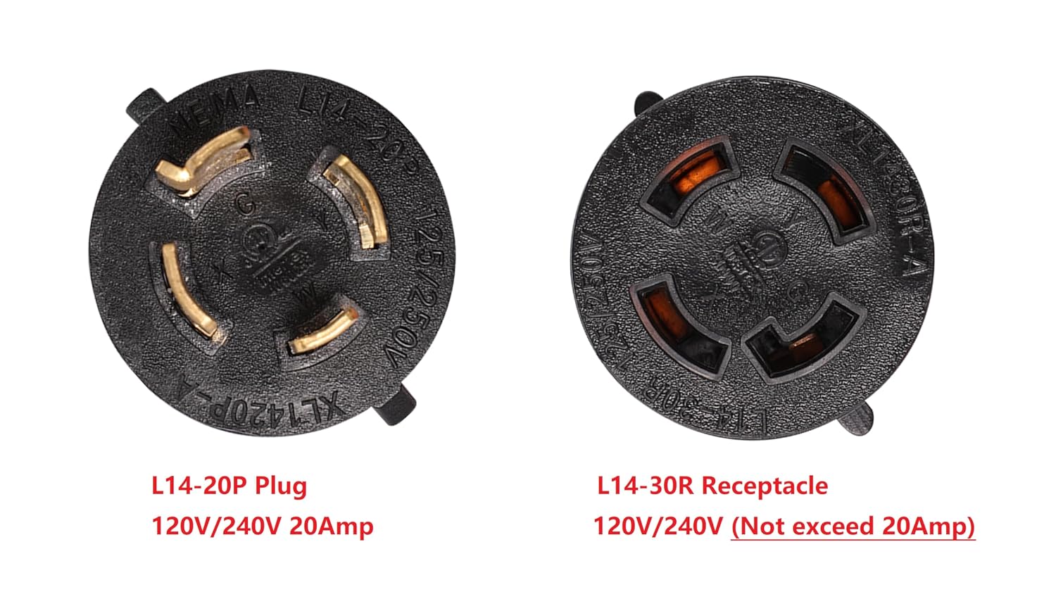 NEMA L14-20P to L14-30R 120V/240V 20 Amp Twist Lock 4 Prong Plug to 4 Prong Female Outlet Receptacle Generator RV Welder Dryer EV Charger Power Cord Adapter