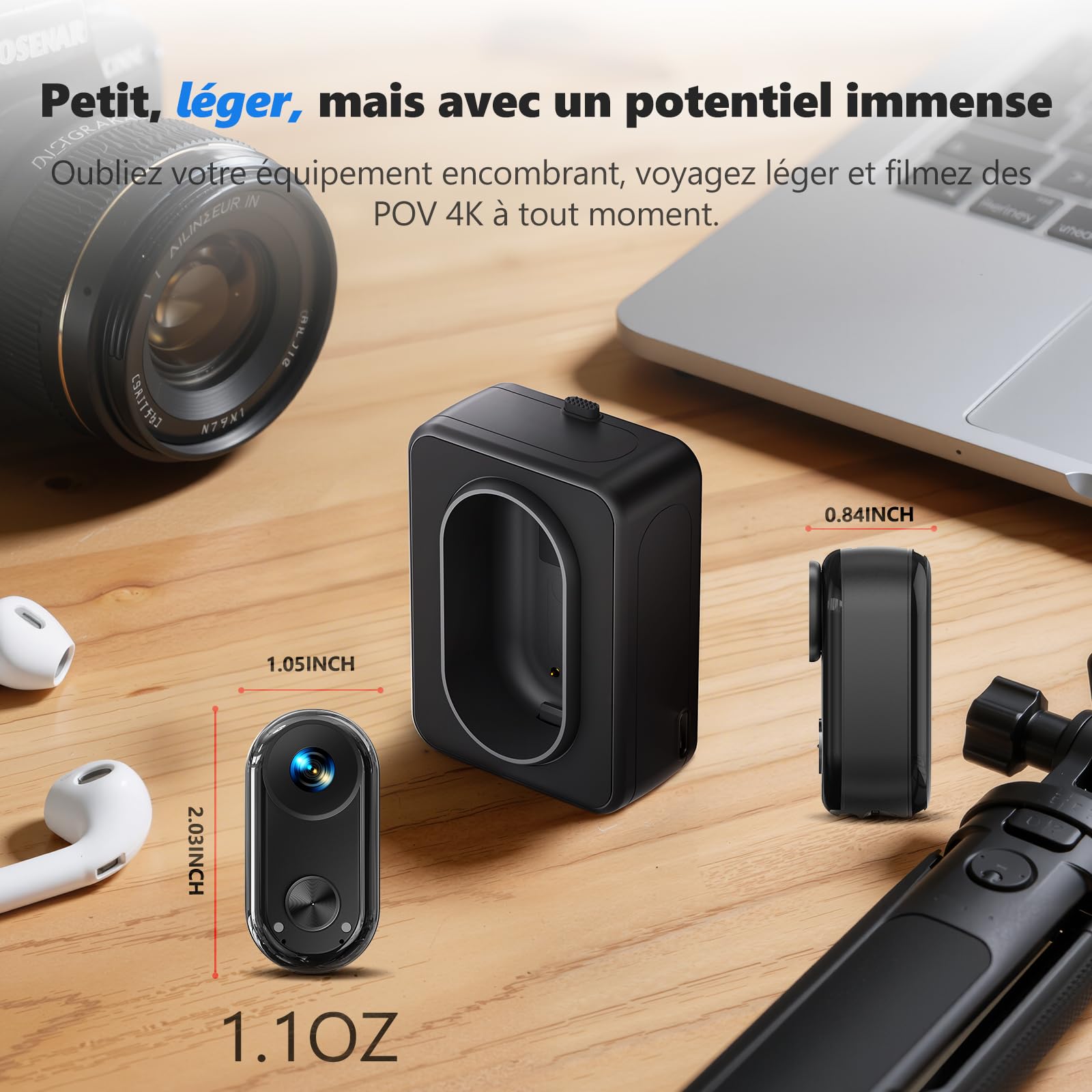 Caméra de vlogging 4K 30FPS, 64Go caméra d'action, POV portable mains libres, étanche 30m Caméra Sport, 150°Mini Cam Sportive corporelle pieton pour Vélo, Ski, Plongée, 270 Min Durée d'exécution