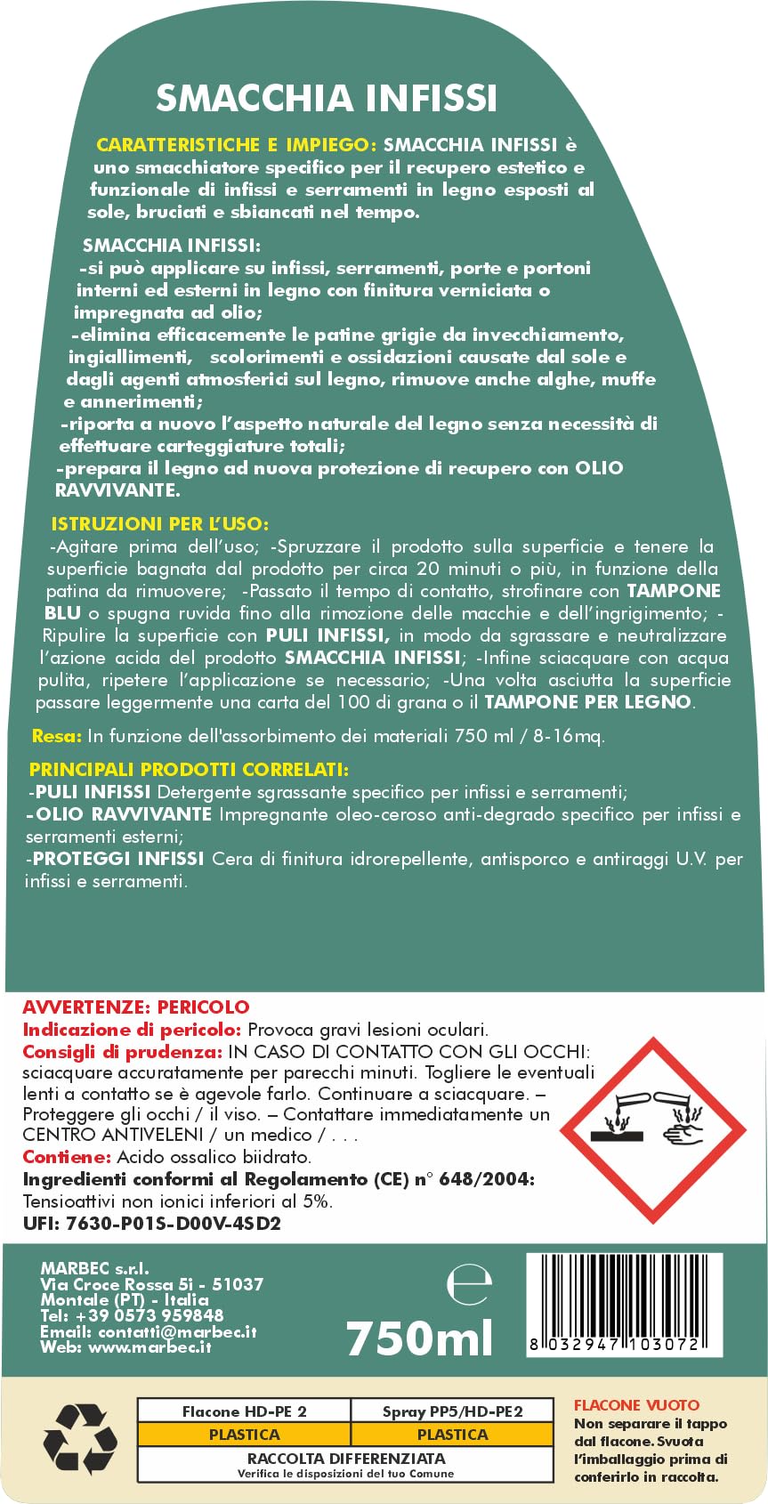 MARBEC SMACCHIA INFISSI 750ML + TAMPONE BLU + TAMPONE LEGNO Detergente Smacchiatore per Infissi e Serramenti | Per Legno Esterno Scolorito da Sole e Agenti Atmosferici