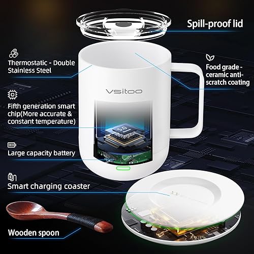 Miniatura 5 de VSITOO S3PRO - Taza de café térmica con control de temperatura, 14 onzas, taza de viaje inteligente con calentador de café controlado manual y por