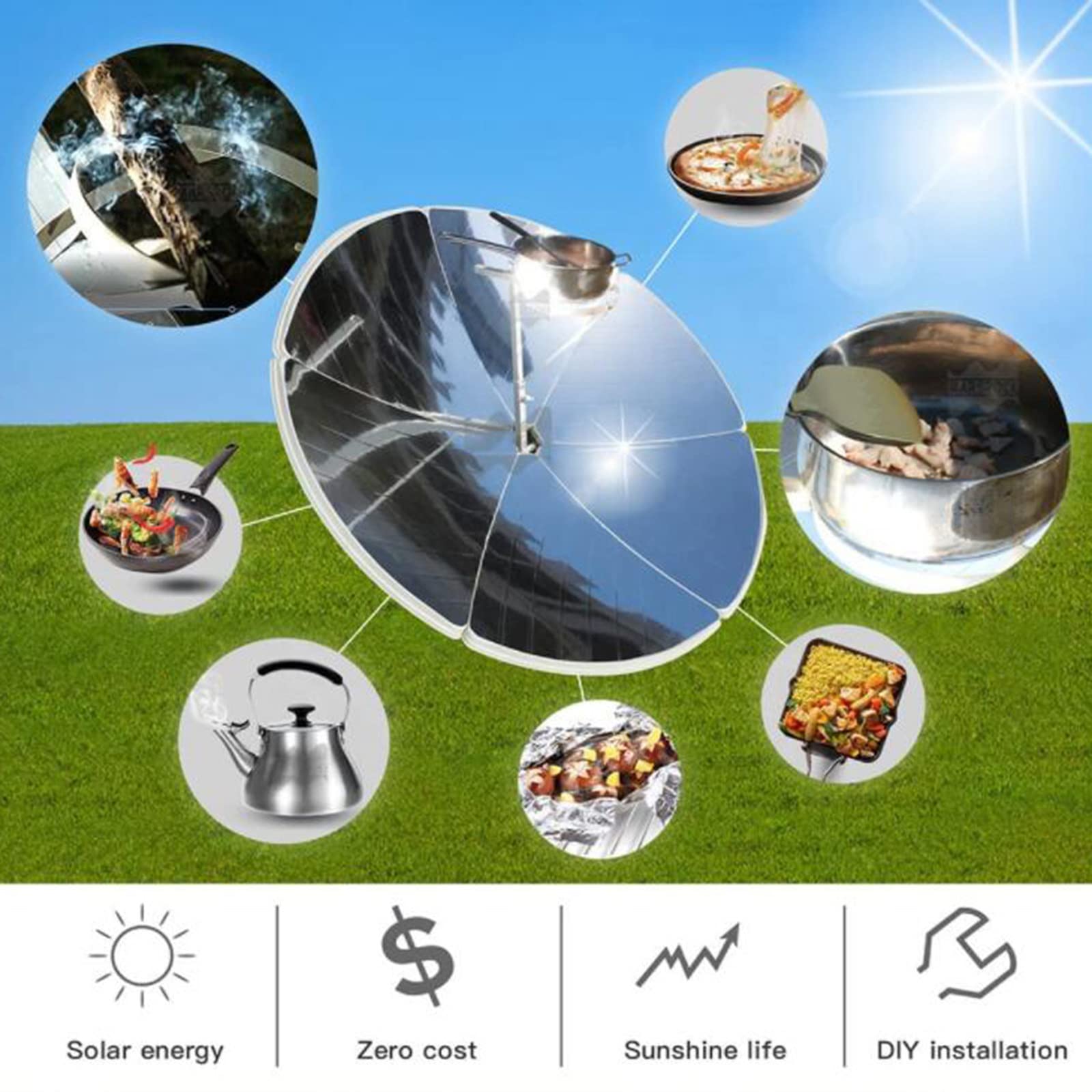Cuiseur Solaire Parabolique Portable,1800w Cuiseur Solaire à Concentration,Camping en Plein Air Barbecue Cuisson des Aliments Concentrant L'Outil de Chaleur