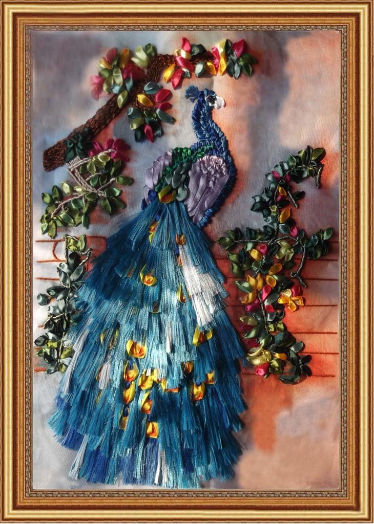 Aureate Handmade Ribbon Embroidery Kits Canvas 3D Wall Art Home Decoration DIY Needlepoint Tapestry Hanging Gift Peacock 20"×26"