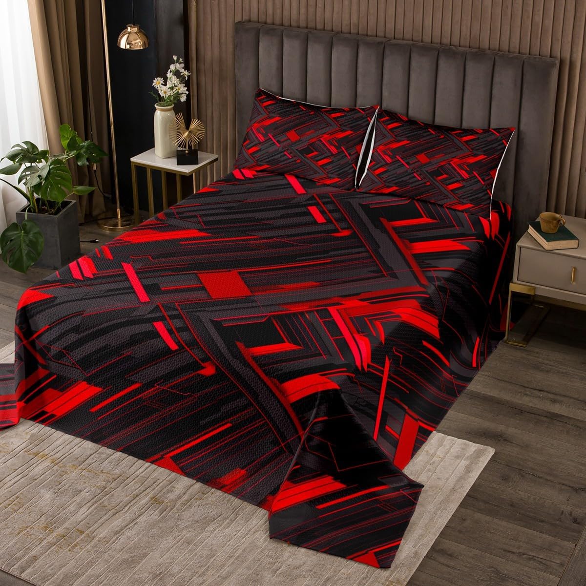 Erosebridal Abstract Geometric Quilt Set Queen Size, Red Black Bedspread Set for Kids Teens Adults, Modern Lines Print Coverlet Set Abstract Stripes Pattern Bedding Set