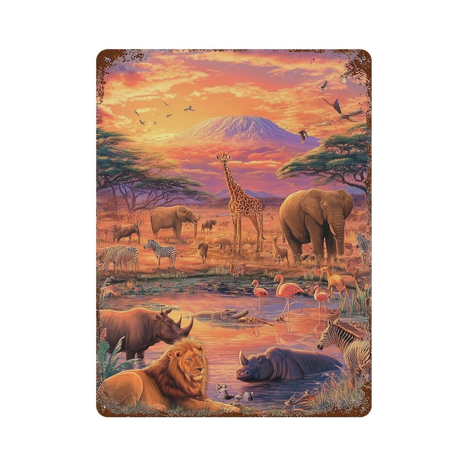 Rusty Metal Tin Sign with African Safari Sunset Design 15.7"x11.8", for Farmhouse, Kitchen And Entryway Decor, Classic Wall Plaque