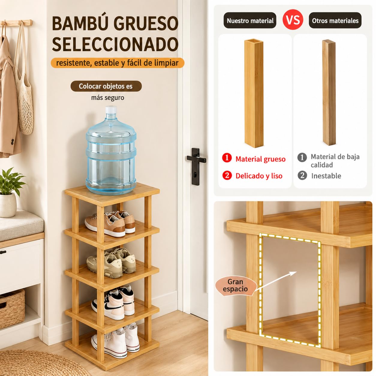 Zapatero Vertical de 7 Niveles, Entrada Recibidor Madera, bambú Estrecho, Ahorro Espacio, Material Bambú Espesado, Impermeabilización, Montaje sin Herramientas,