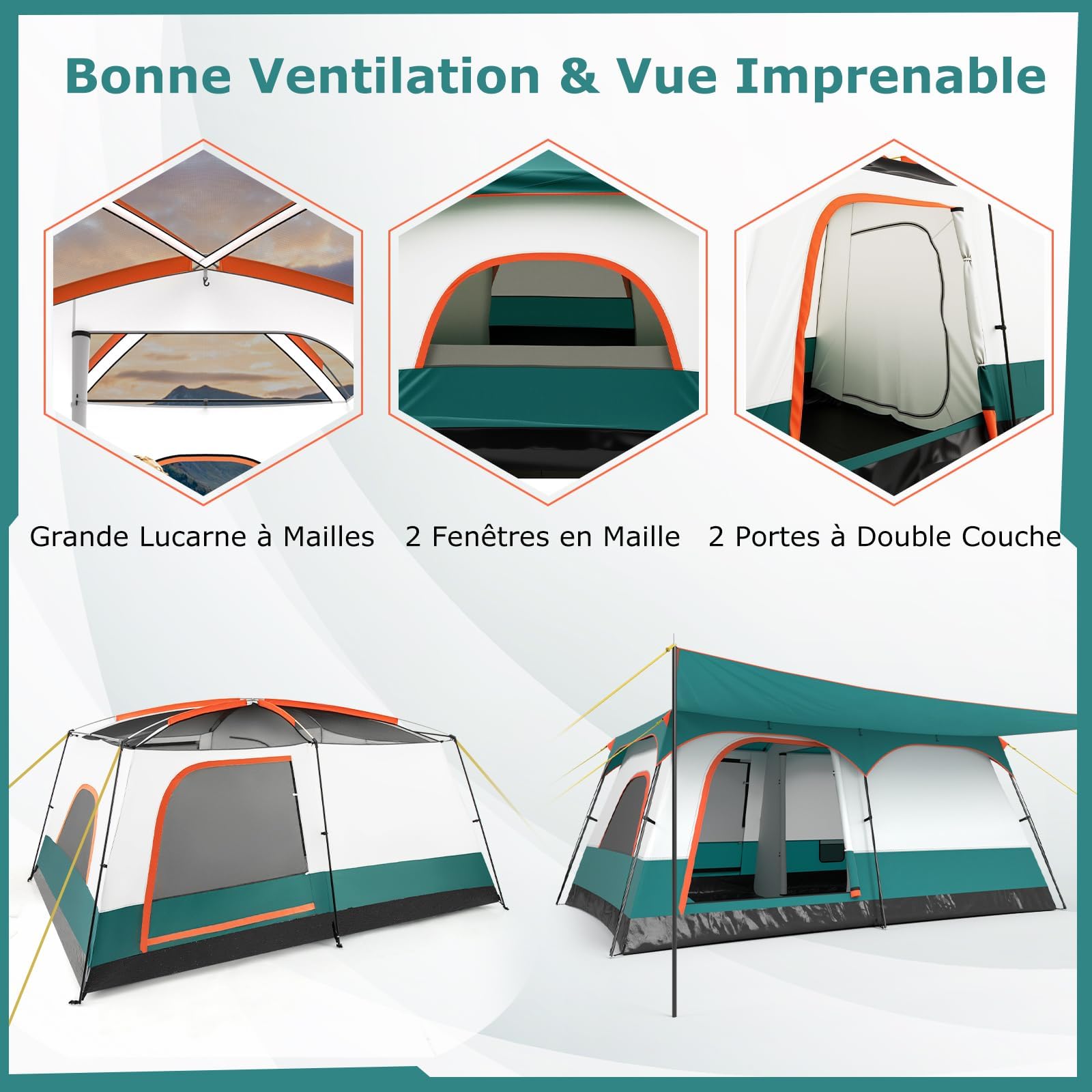 GYMAX Tente Camping Grande avec Auvent, 2 Chambres Séparées, Toit de Lucarne, Bâche Anti-Pluie Amovible, Portes et Fenêtres Enroulable, pour Extérieur Pique-Nique