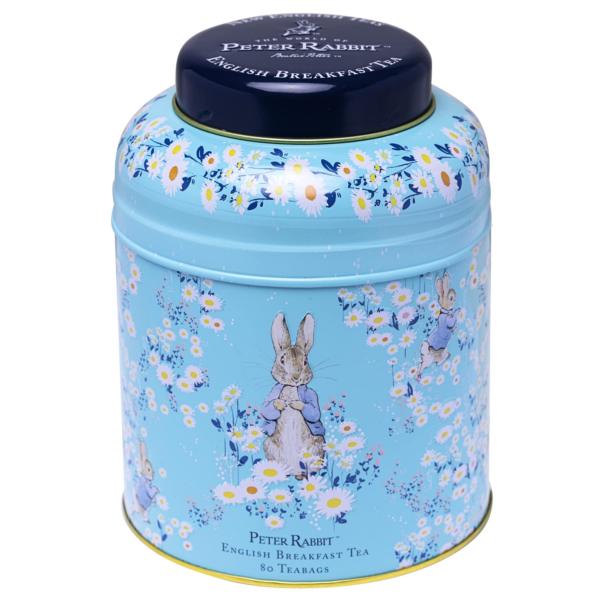 New English Teas Peter Rabbit Daisies Round Tea Caddy with 80 English Breakfast Teabags