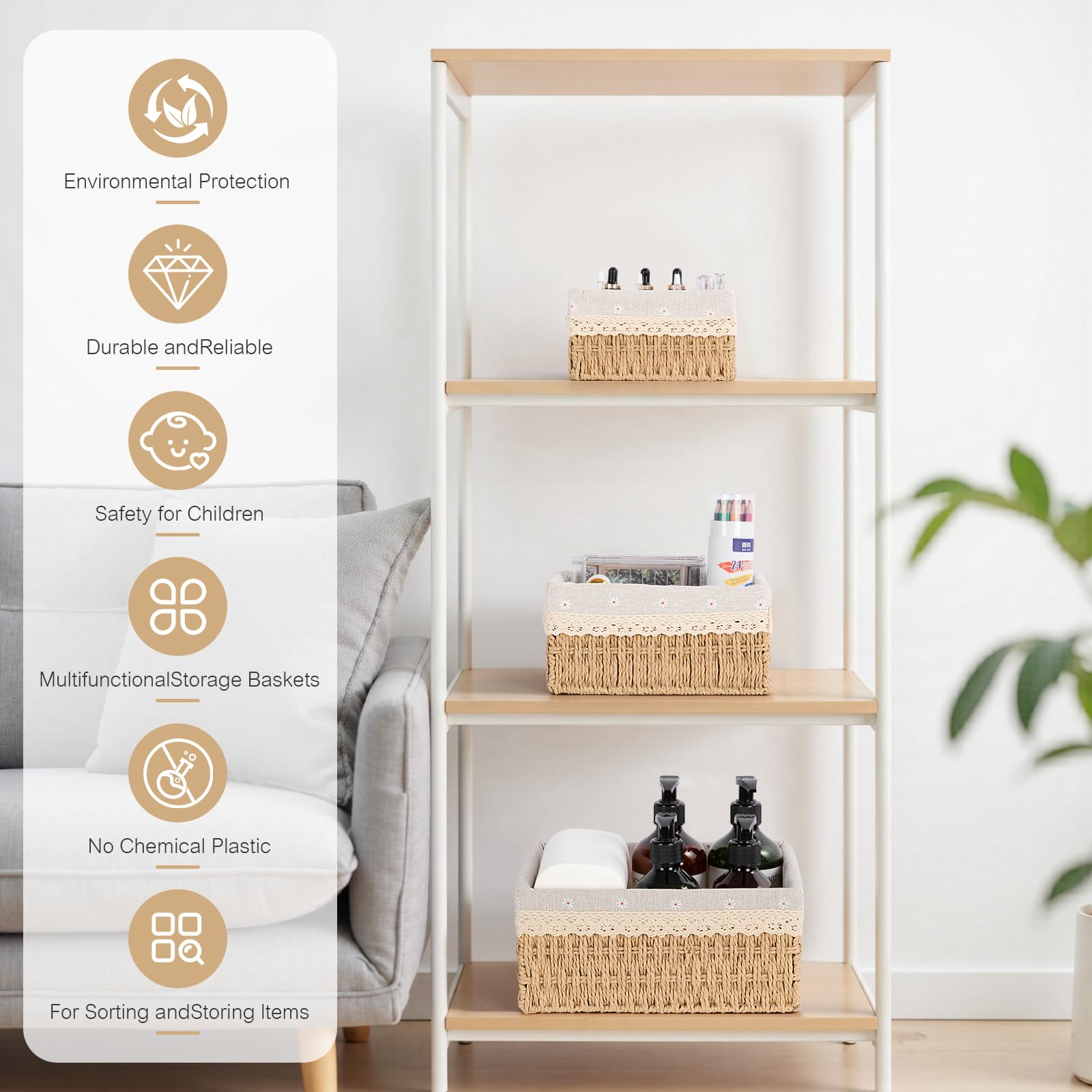 FoiiLiio Panier Rangement, Lot de 3 Paniers de Rangement Tressés, Paniers et boîtes de Rangement, Corbeille Rangement pour Salle de Bain, Cuisine, Organisateur Table a Langer Bebe (Beige)
