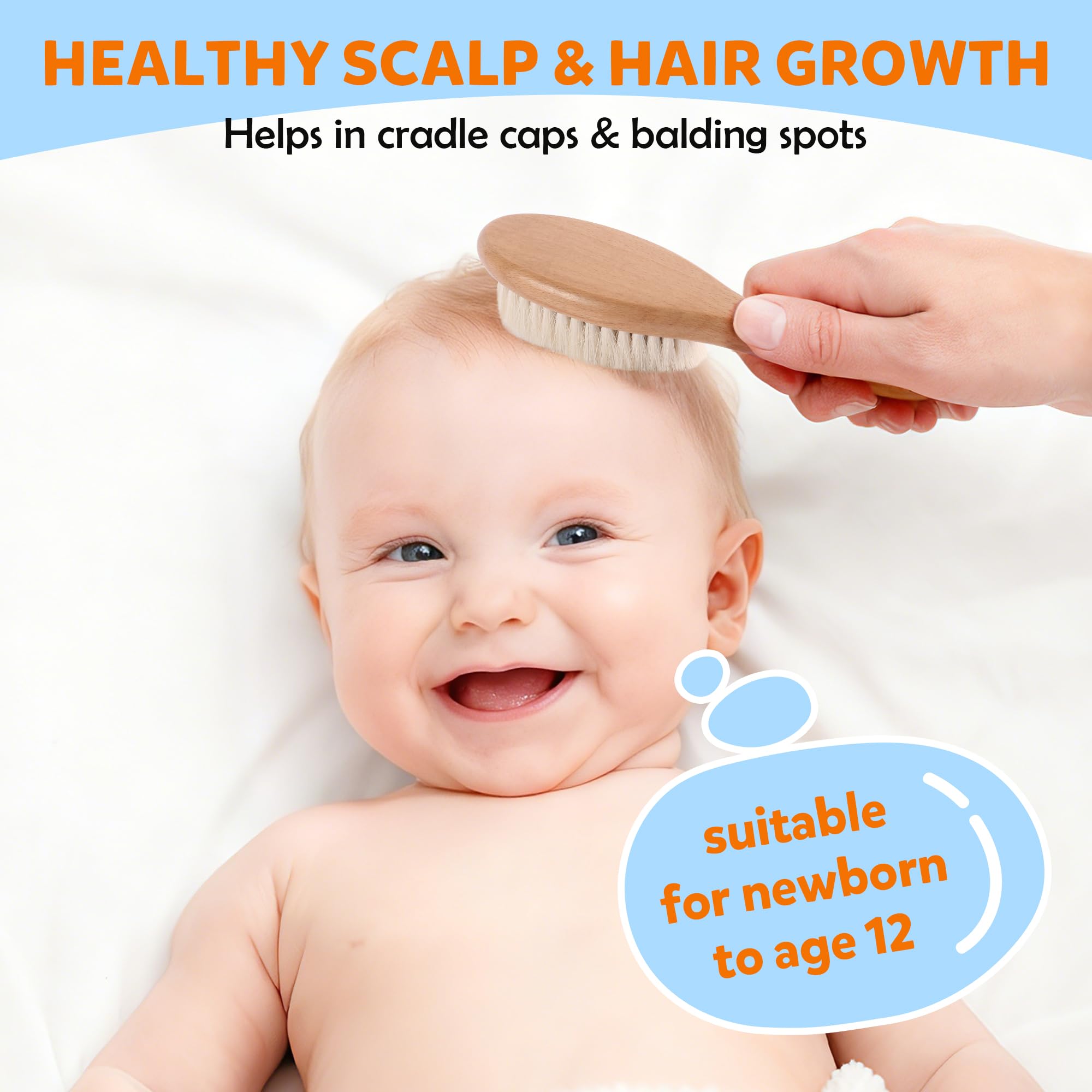 Baby Haarbürste & Kamm Set, Bio Holz Haarbürste Natürliche Ziegenborsten 3-teilig für Neugeborene & Kleinkinder, Ideal für Wiegenmütze & Juckreiz, Perfektes Dusch- und Registrierungsgeschenk für