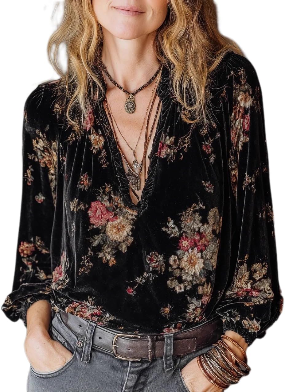Apvirdy Velvet Tops for Women Floral Print Sexy V-Neck Shirts Long Sleeve Dressy Casual Blouse - Image 4