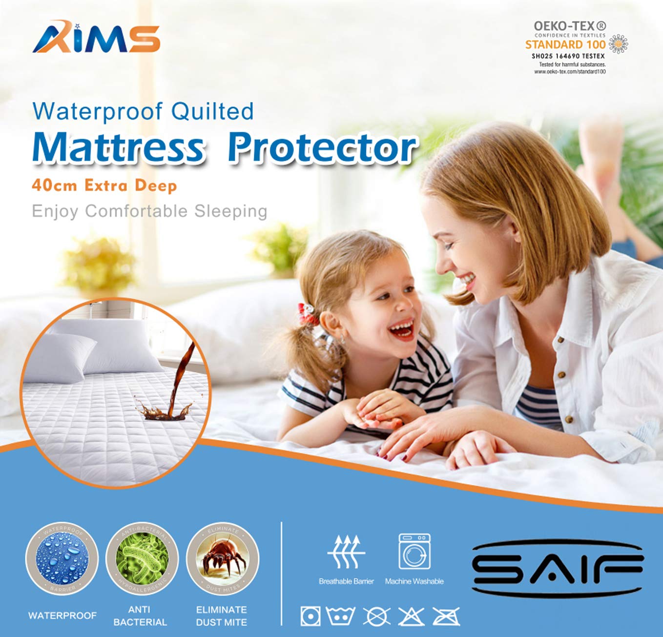 Aims Natural Metal Galvanized 100% Waterproof & Moisture Quilted Mattress Protector Fitted Cover Microfiber Quilted Topper Fitted Sheet, Anti Allergy And Breathable Elasticated Skirts 40Cm Extra Deep (Single 90X190cm)