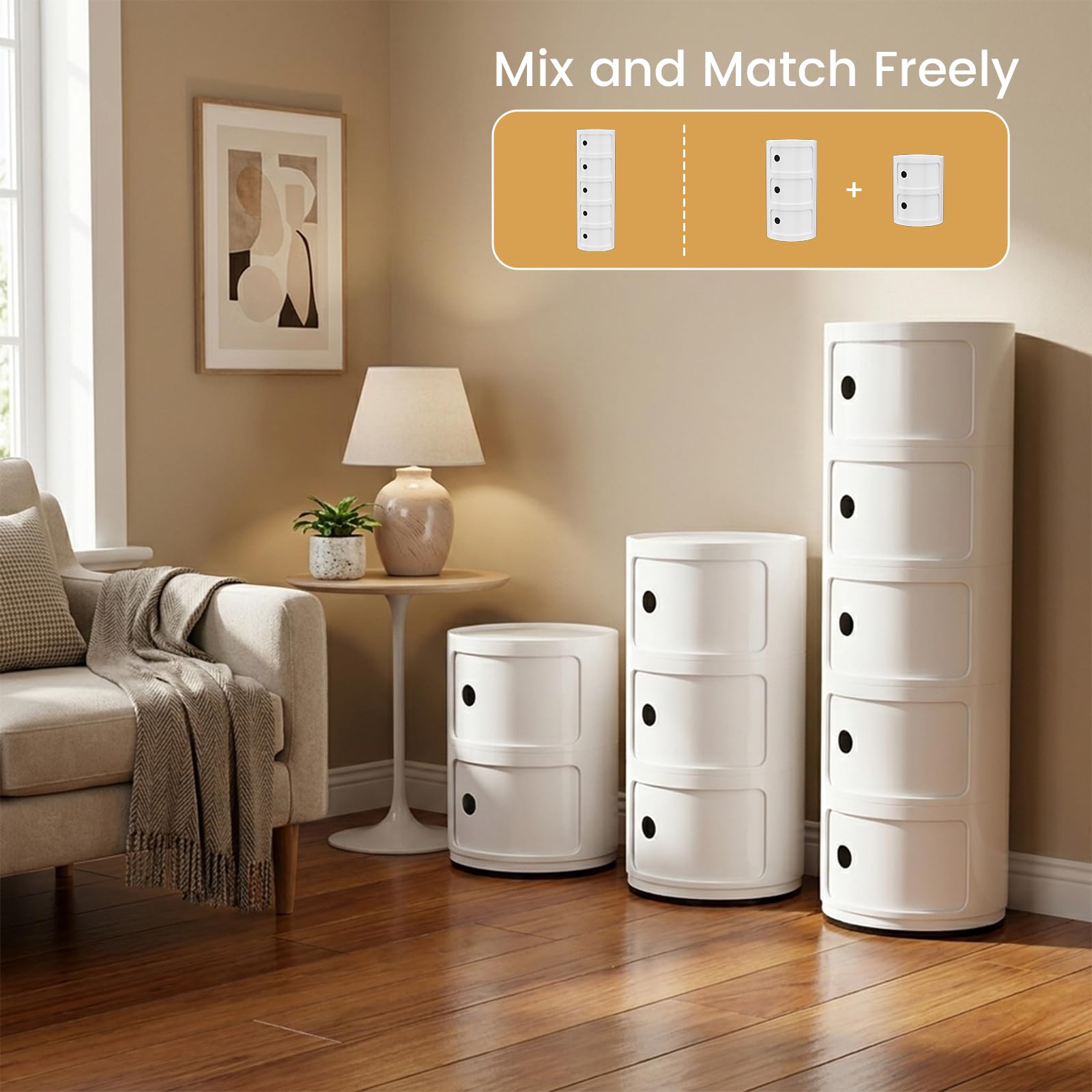 Comodino Rotondo Componibile, Organizer per Cassetti da Cucina, Camera da Letto, Soggiorno, Bagno – Bianco, Unità a 2 Scomparti × 1