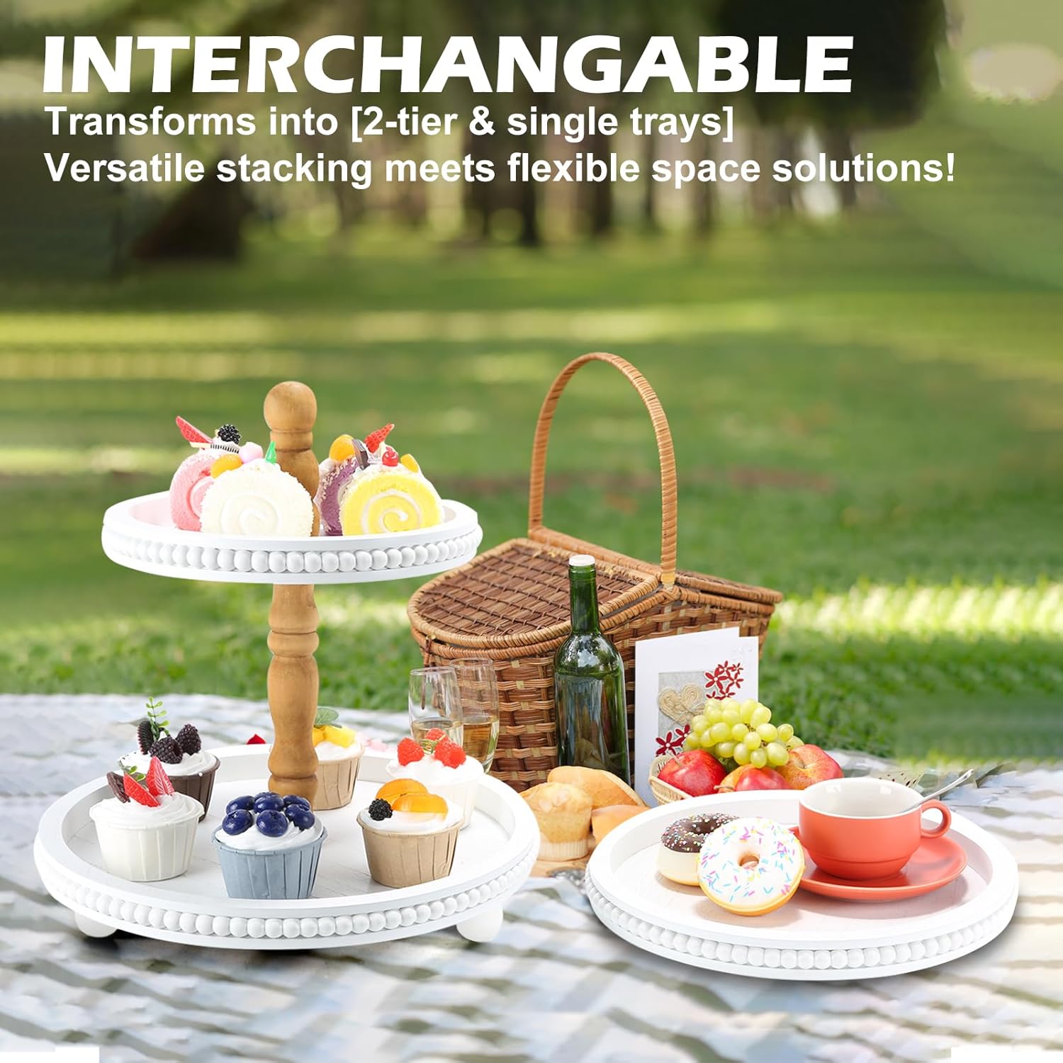 Wooden 3 Tiered Tray Stand, Farmhouse Round White 3 tier Decorative Tray for Home Kitchen Table Decor, Serving Tray for Coffee Bar Party Weddding Holiday Decorations Fruits and Cupcake Display