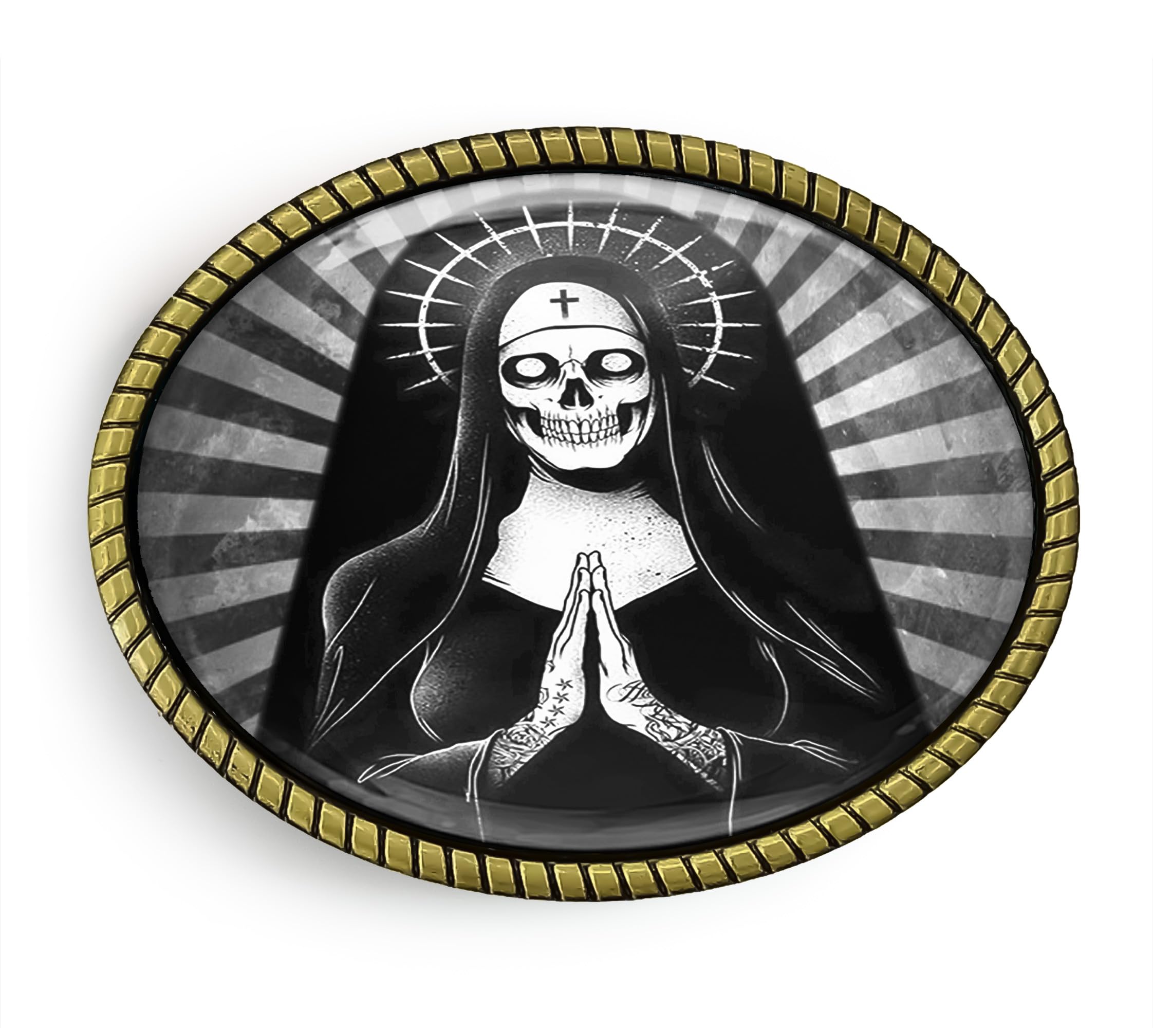 Santa Muerte Belt Buckle - Day of the Dead Skull Handmade Belt Buckle (Antique Gold)
