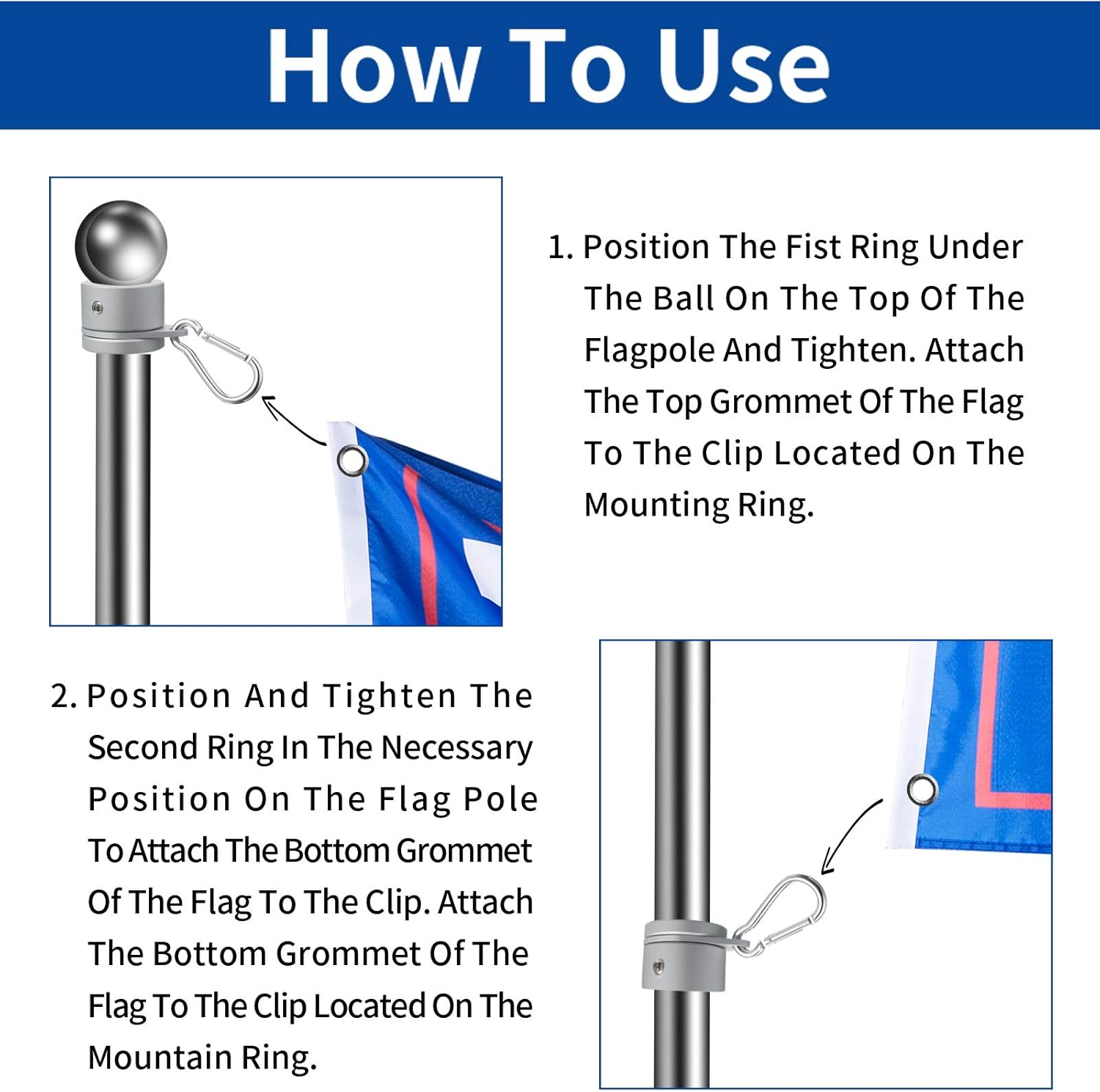 Ripeng 6 Pcs Flag Mounting Ring Flag Pole Swivel Rings Silver 360° Hitch Telescoping Pole Holder Clips Anti Furling Kit Aluminum Alloy Spinner Grommet Ring Adjustable Strong Replacement(Silver,6 Pcs)
