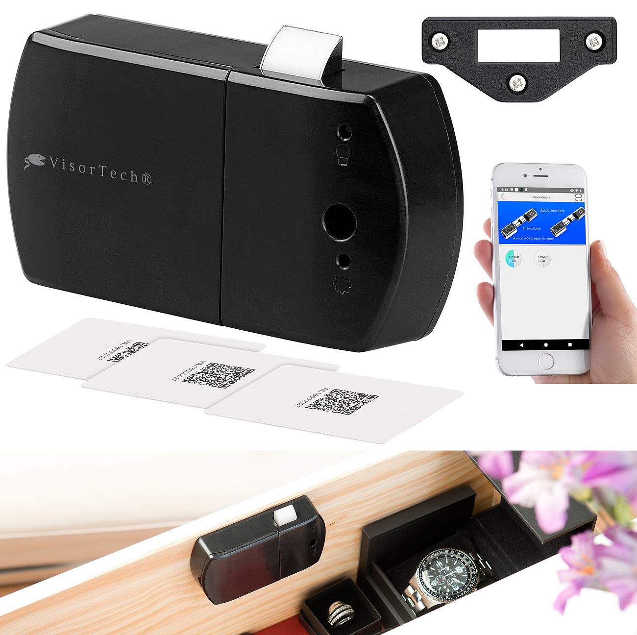 VisorTech Schubladenschloss: 2er-Set Schubladen- & Schranktüren-Schloss mit RFID-Schlüssel, BT, App (Elektronisches Briefkastenschloss, Schrank-Schloss, Safe)