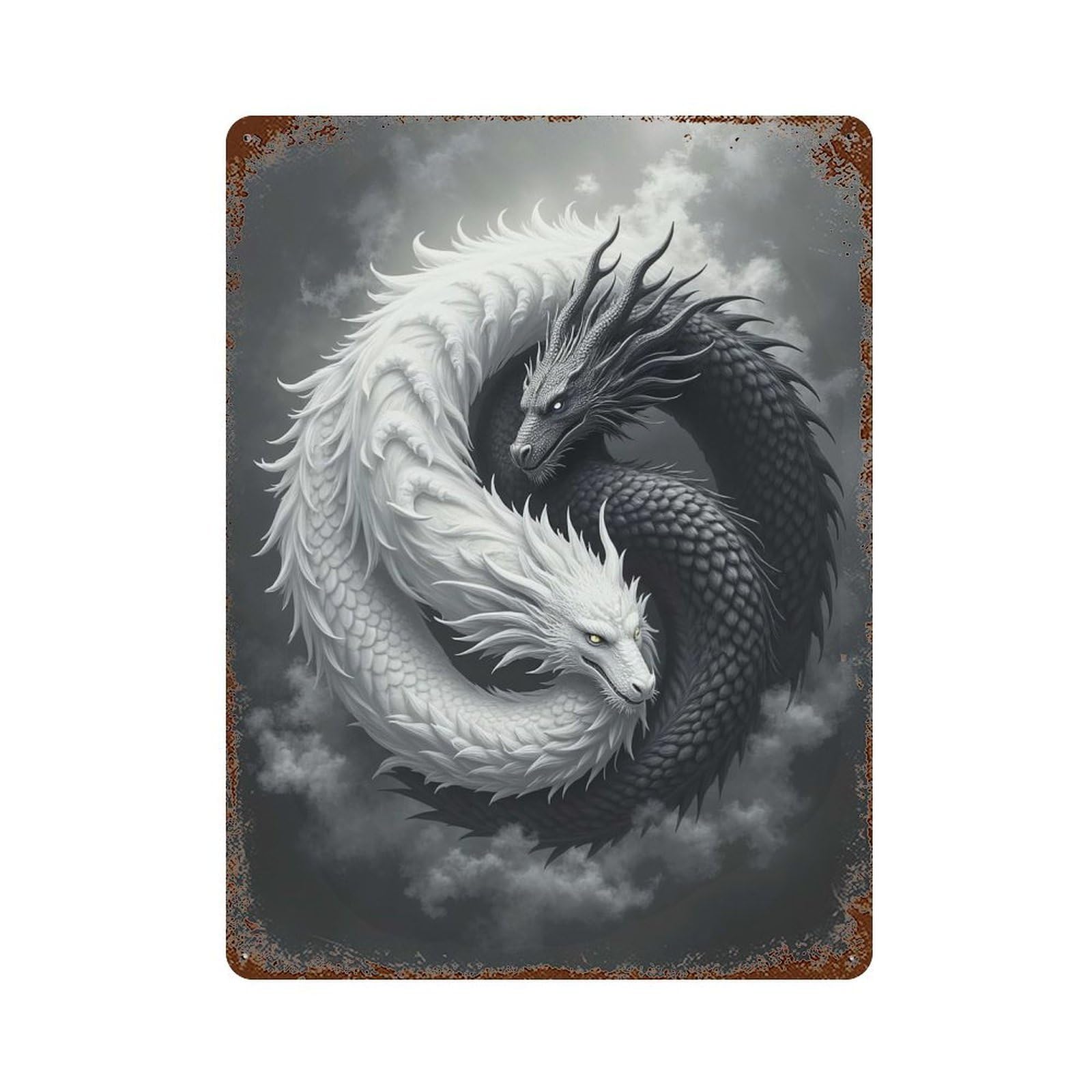 Yin Yang Dragons Rust Effect Tin Sign 15.7"x11.8", Vintage Wall Decor for Bistro, Counter And Cafe Decor