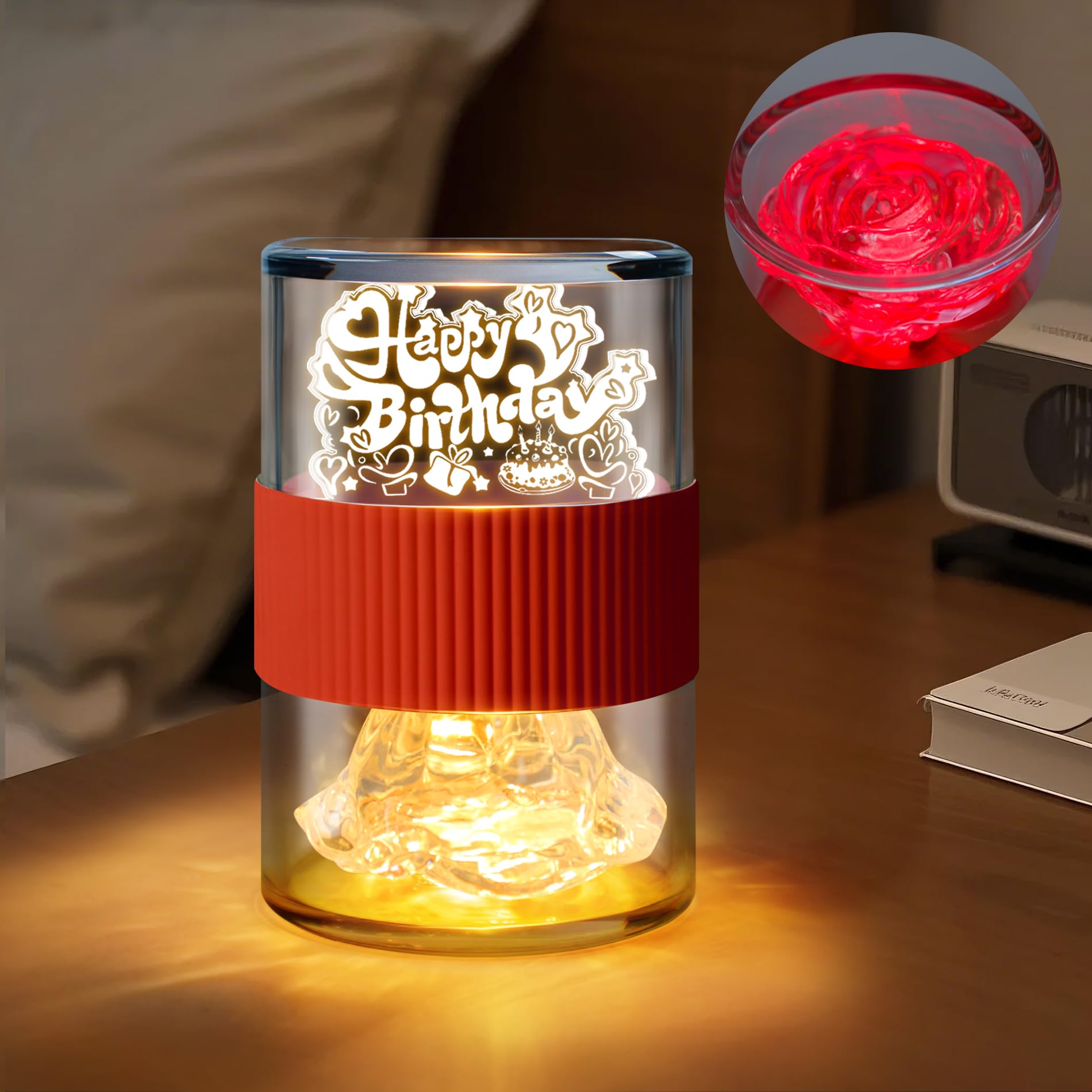 Happy Birthday Light for Table 3D Rose Flip LED Night Lights Color Changing Dimmable USB-C Input Rechargeable Touch