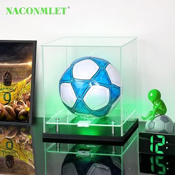 Football Display Case with LED Light, Clear Acrylic Double Tier Showcase for Autographed Soccer Ball, Basketball, World Cup Sports Collectibles