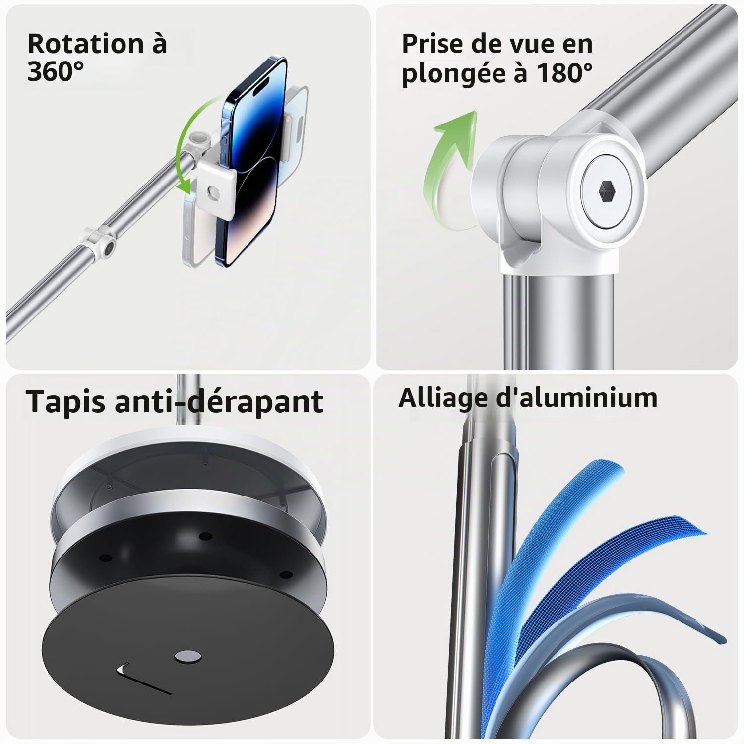Support de téléphone au sol, bras de chevet réglable, support de téléphone pour enregistrer des prises de vue aériennes, support de téléphone en aluminium rotatif à 360°, compatible avec iPhone