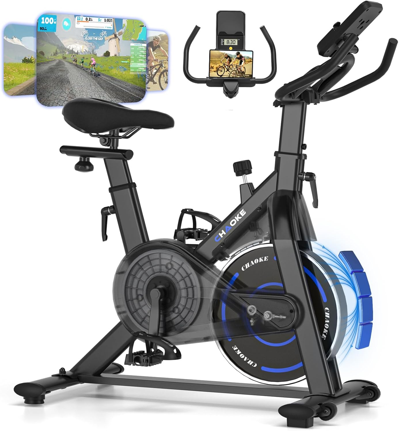 Sveukupno view of the CHAOKE Exercise Bike Model 520A, highlighting its main components.