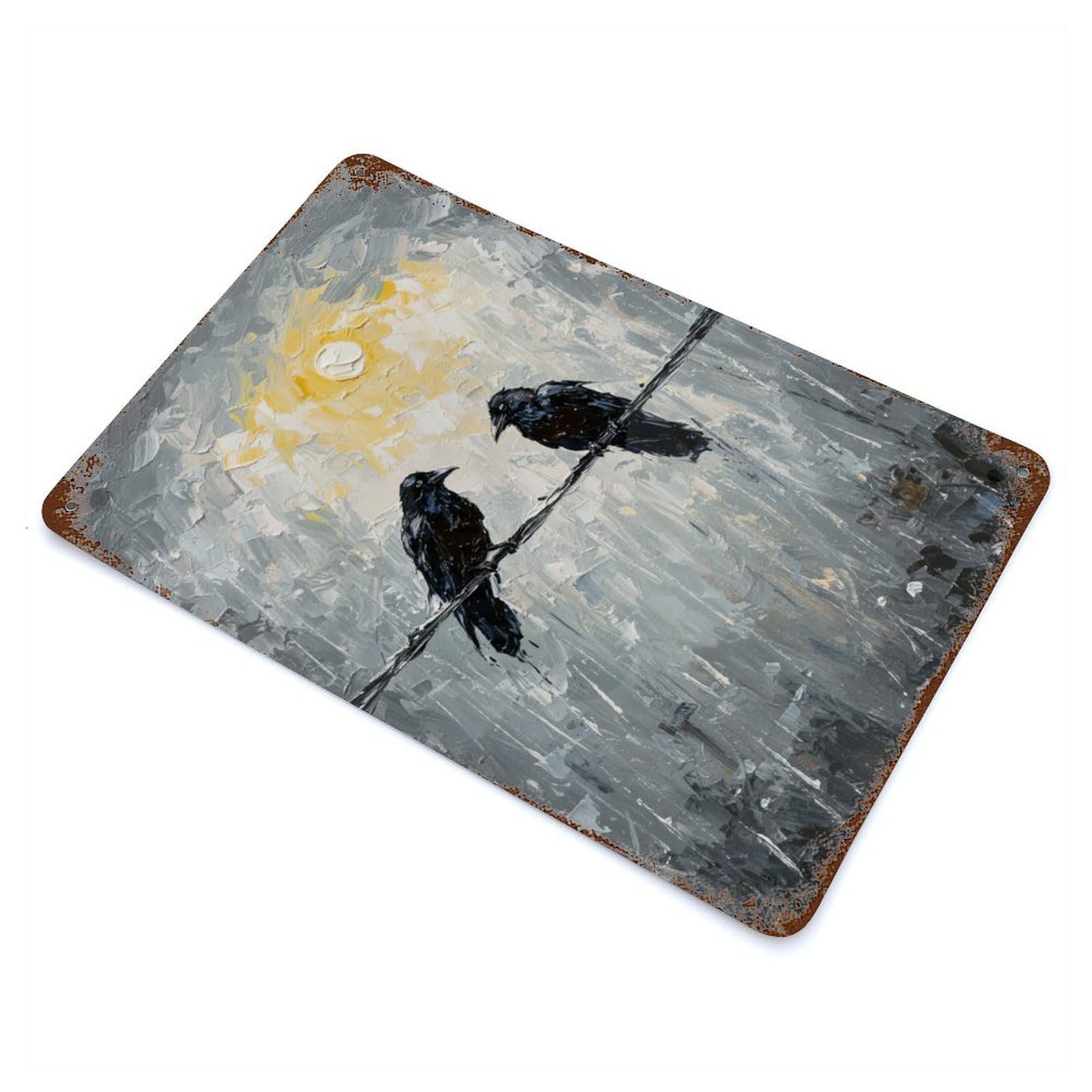 Decorative Tin Sign Two Ravens on A Wire Painting 11.8"x7.9", Vintage Wall Decor for Pub, Kitchen And Man Cave Decor