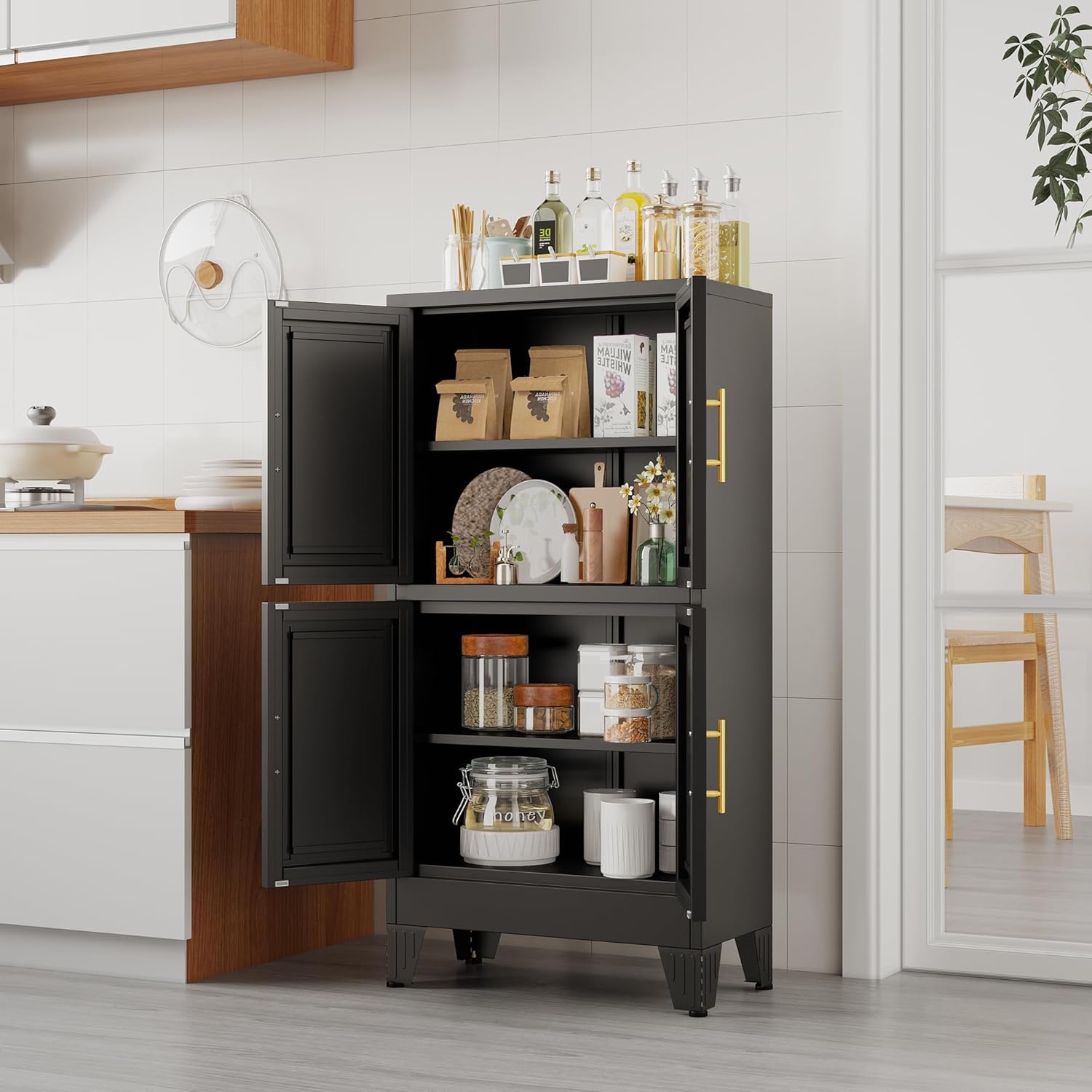 Metal Bathroom Storage Cabinet,Freestanding Bathroom Cabinet with 4 Doors and Adjustable Shelves,Bathroom Storage Organizer Unit,Floor Cupboard for Laundry Room,Kitchen, Living Room, Entryway（Black）