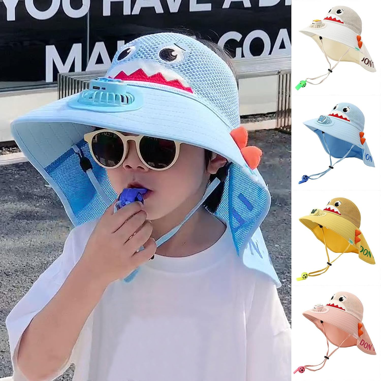 Cute Solar Powered Fan Hat for Kids - Girls Boys Cap with USB Rechargeable Fan with Whistle, Breathable Mesh Outdoor Sun Hat
