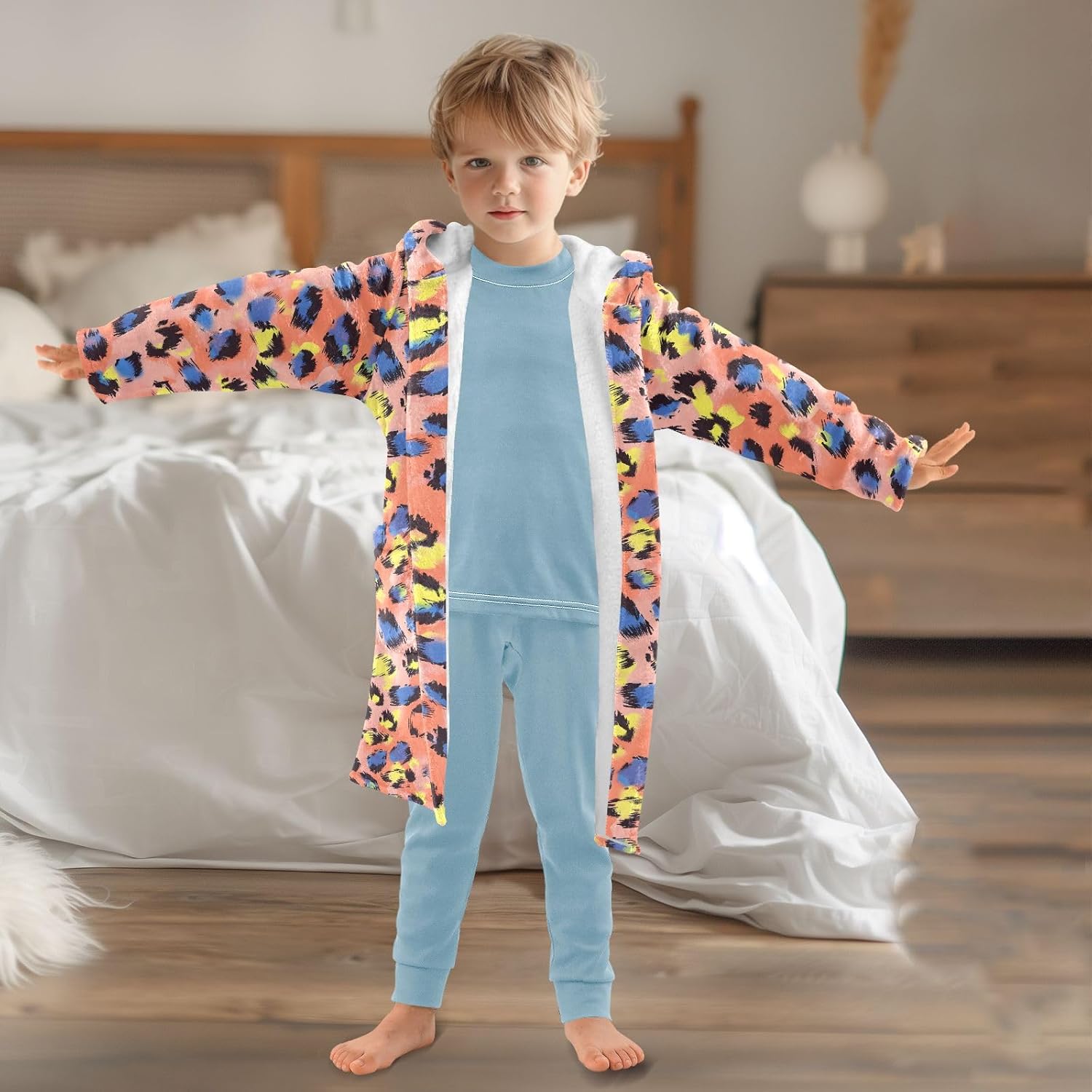 Orange Leopard Print Pattern Toddler Hooded Bathrobe for Boys Girls Soft Plush Bath Towel Robe 2-12 Years