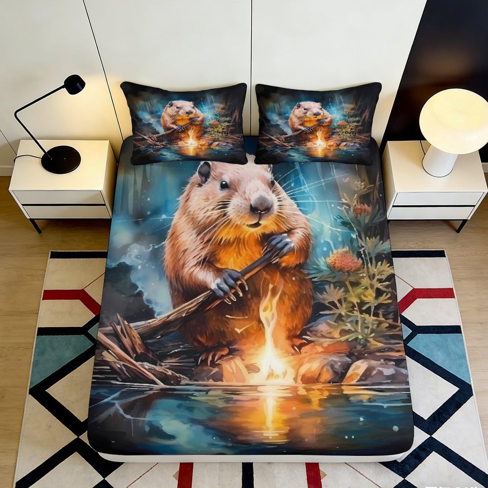 Jqzkxnhpbr Style-2 3D Printed Campfire Capybara Fitted Sheet Microfiber Soft Anti-Slip River Scene Bed Cover For Bedroom Dorm Decor 90X200x25cm