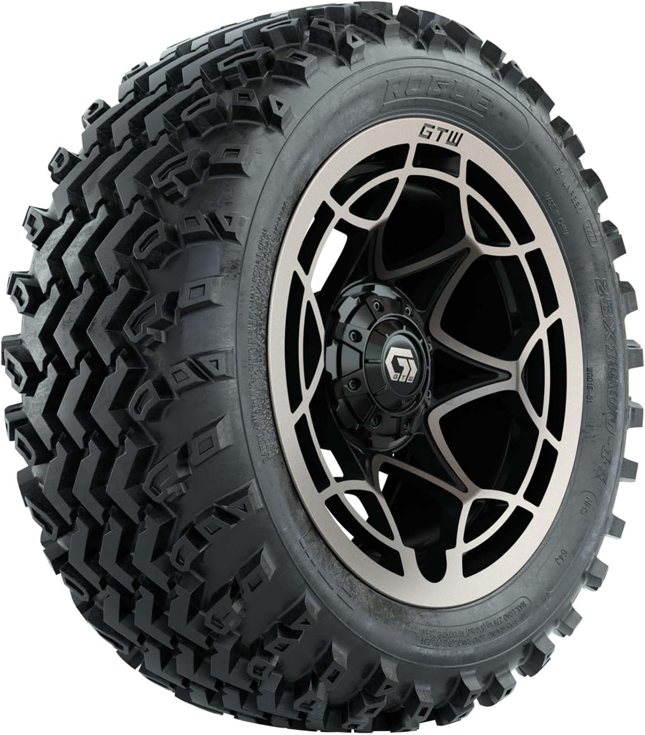 GTW 14 inch Golf Cart Wheels and All-Terrain Tire Combo | GTW Nexus 14x7 Black with Silver Faced Wheels on 23x10.00-14 Rogue 4-Ply Directional Tread All-Terrain, Off Road Tires | Set of 4