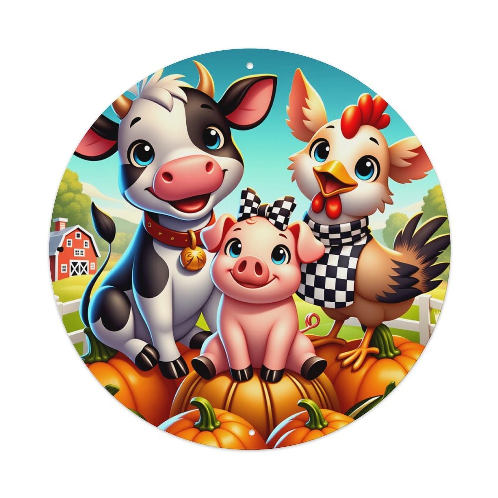 Farm Animals Pumpkin Harvest Fun Round Tin Sign Vintage Metal Poster Retro Bar, Home, Man Cave, Kitchen, Laundry Room Wall Art Decor Gift 8x8Inch