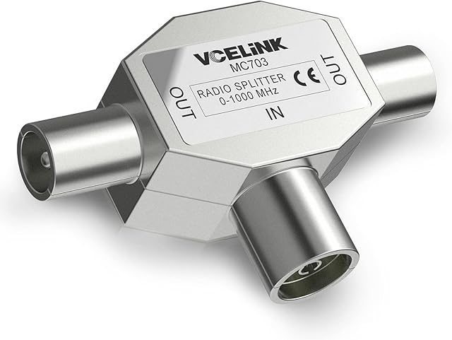 VCELINK TV Aerial Coax Splitter 2 Way Splitter Coax Cable 2 Male to 1 Female Adapter Coaxial TV Connector Shielded Metal Housing 0-1000Mhz, Argent